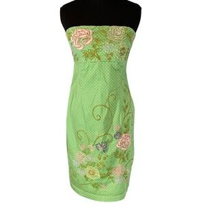 Dolce Apparel Green Polka Dot Embroidered Strapless Floral Dress Sm Whimsical